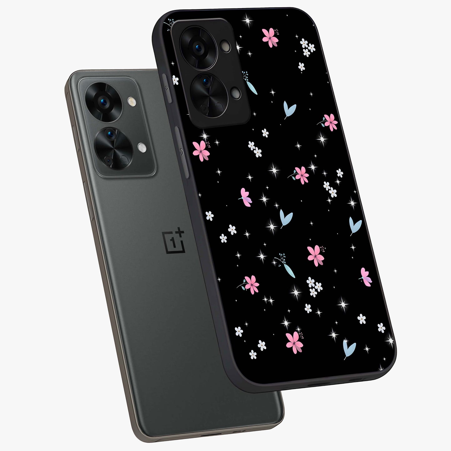 Black Aesthetic Wallpapers Glass Case for 1+Nord 2T angled mockup showcasing glossy finish and deep black tones