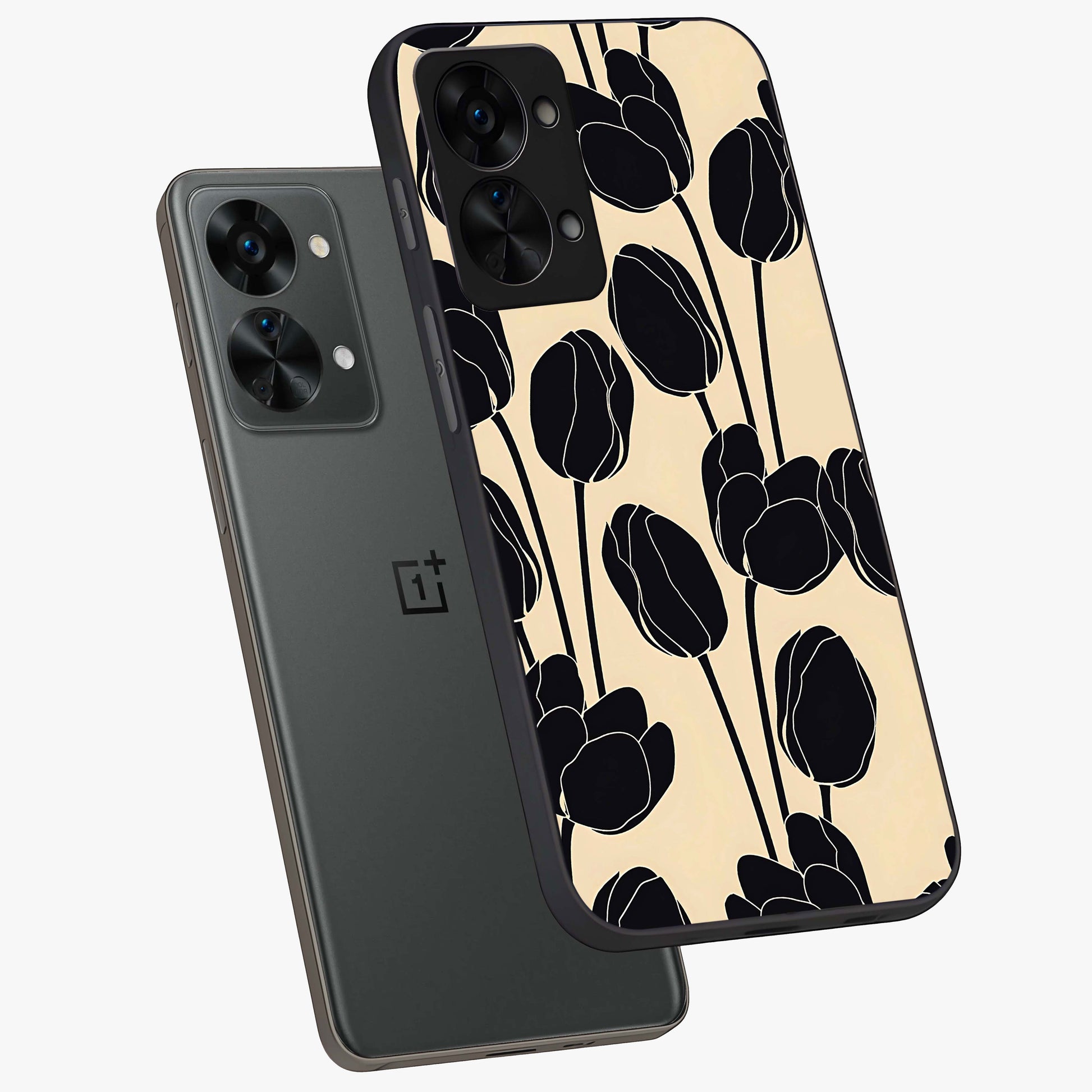 Black Designer Tulip Glass Case for 1+Nord 2T angled mockup showcasing glossy finish and premium floral detailing