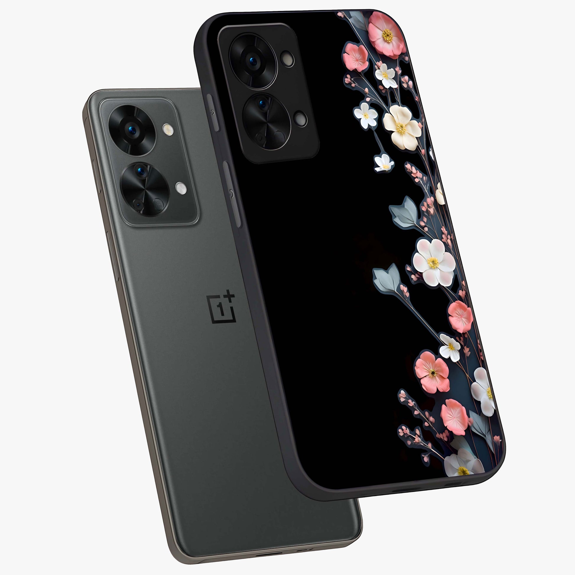 Black Elegance Floral Custom Name Glass Case for 1+Nord 2T angled mockup showcasing glossy finish and sophisticated black theme