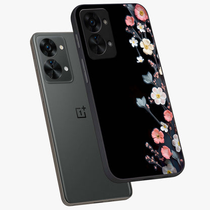 Black Elegance Floral Custom Name Glass Case for 1+Nord 2T angled mockup showcasing glossy finish and sophisticated black theme