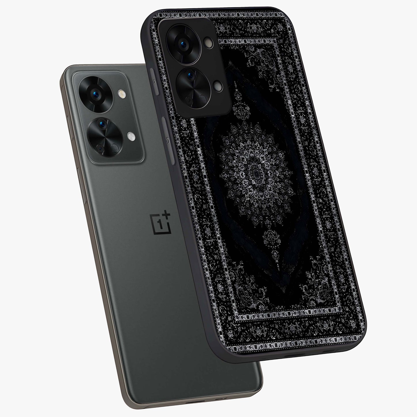 Black Persian Carpet Glass Case for 1+Nord 2T angled mockup showcasing glossy finish and detailed ornamental design