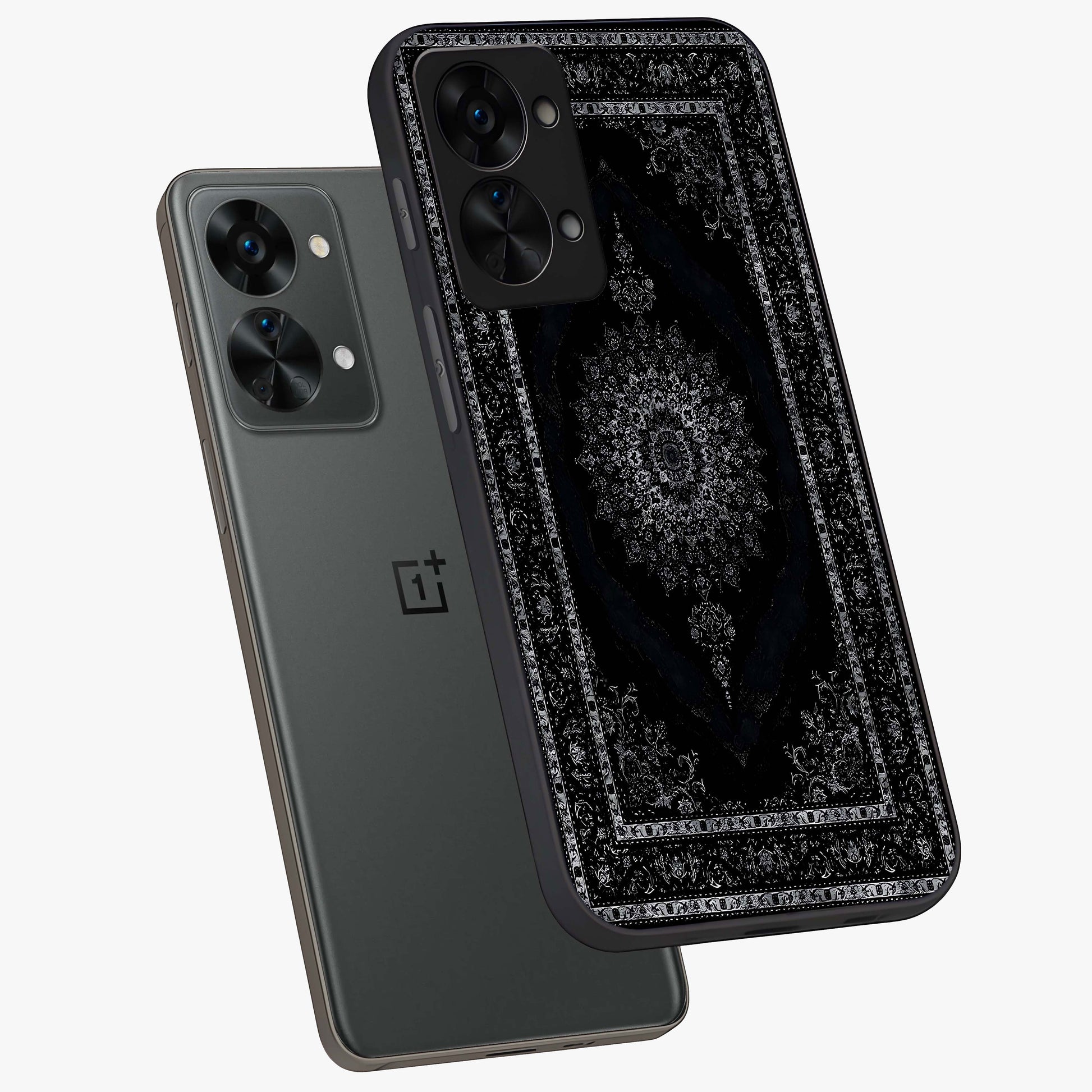 Black Persian Carpet Glass Case for 1+Nord 2T angled mockup showcasing glossy finish and detailed ornamental design