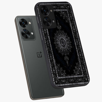 Black Persian Carpet Glass Case for 1+Nord 2T angled mockup showcasing glossy finish and detailed ornamental design