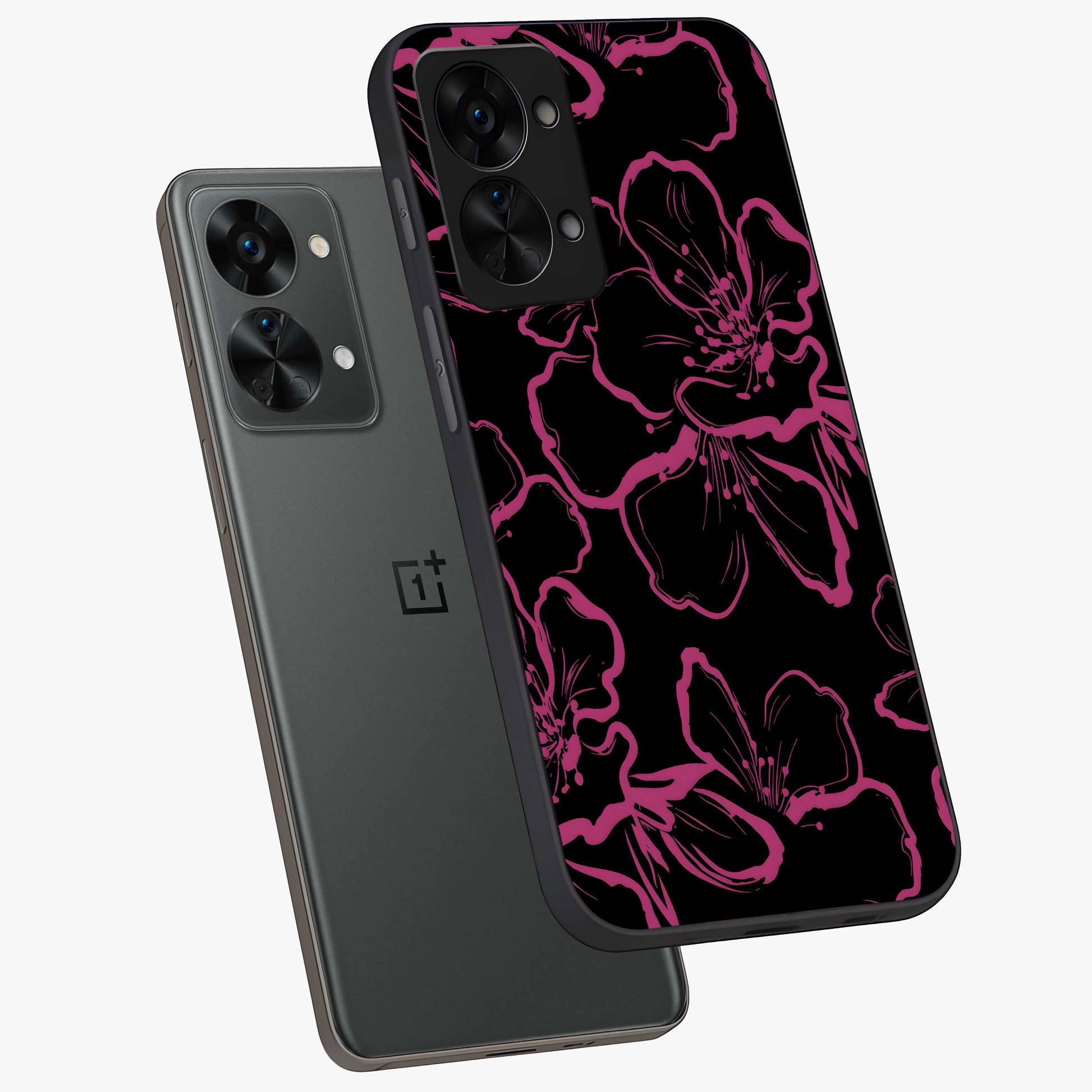 Black Violet Sketch Garden Glass Case for 1+Nord 2T angled mockup showcasing glossy finish and hand drawn garden design