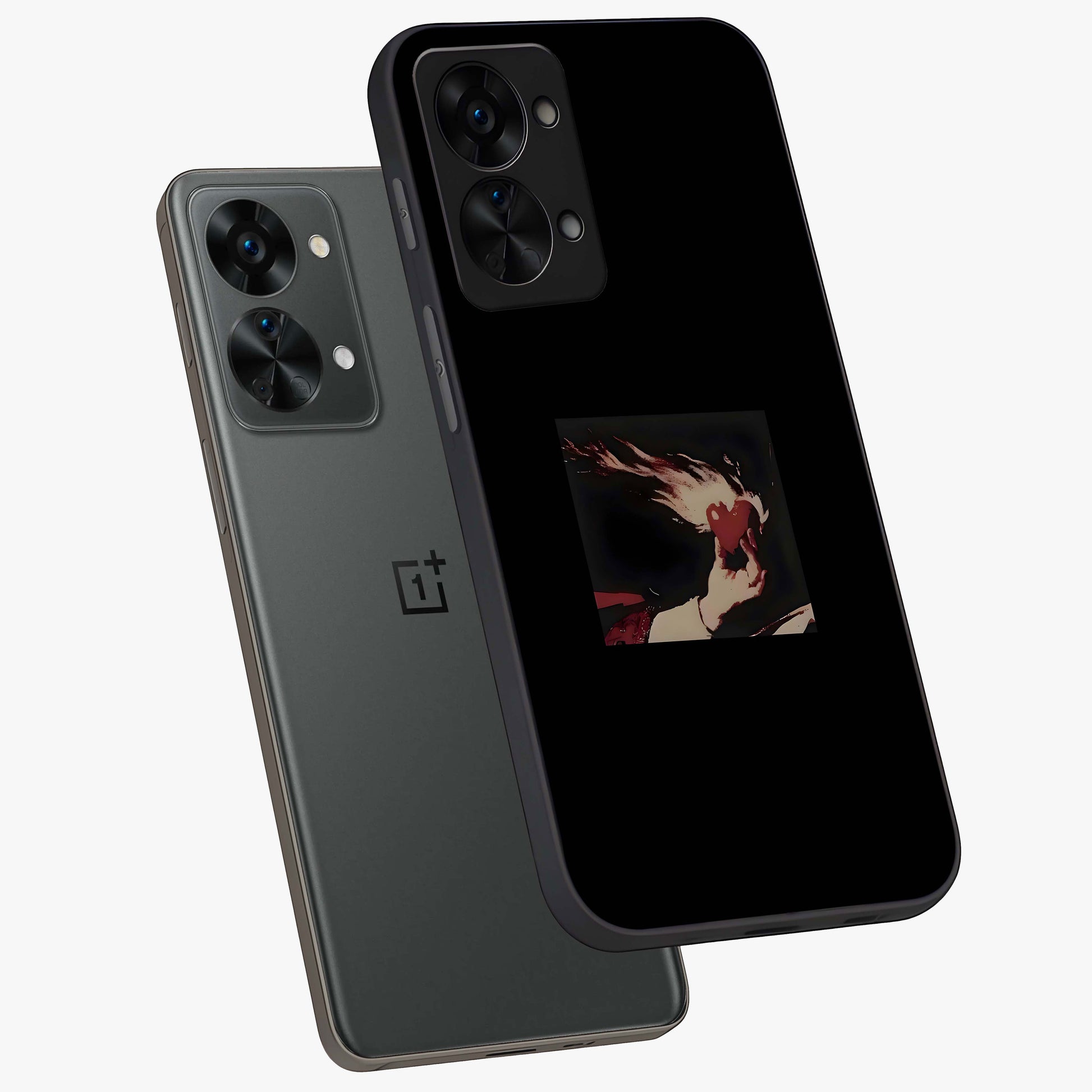 Blazing Heart Faith Glass Case for 1+Nord 2T captured at a warm angle highlighting bold flame tones, gloss, and edge clarity.