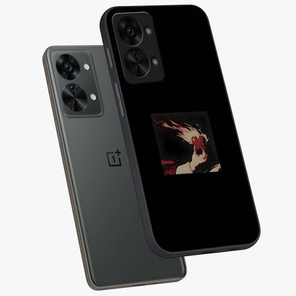 Blazing Heart Faith Glass Case for 1+Nord 2T captured at a warm angle highlighting bold flame tones, gloss, and edge clarity.