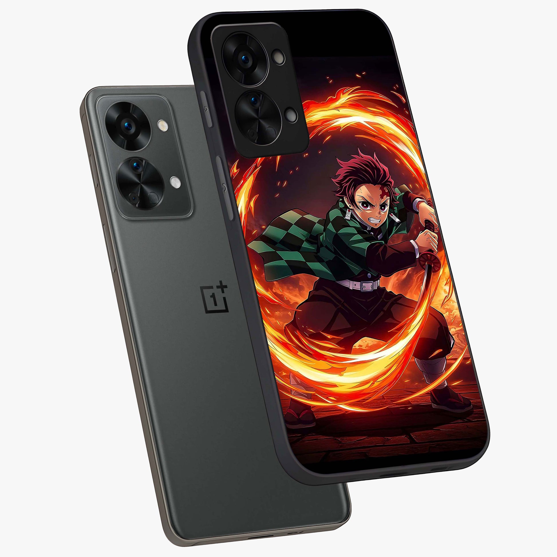 Blazing Sword Resolve Glass Case for 1+Nord 2T captured at a warm angle highlighting sharp fiery details, gloss, and edge clarity.