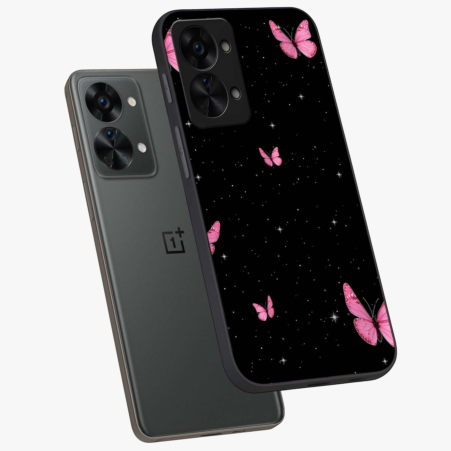 Blinking Butterfly Glass Case for 1+Nord 2T captured at a warm angle highlighting soft wing details, gloss, and edge clarity.