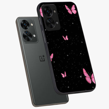 Blinking Butterfly Glass Case for 1+Nord 2T captured at a warm angle highlighting soft wing details, gloss, and edge clarity.