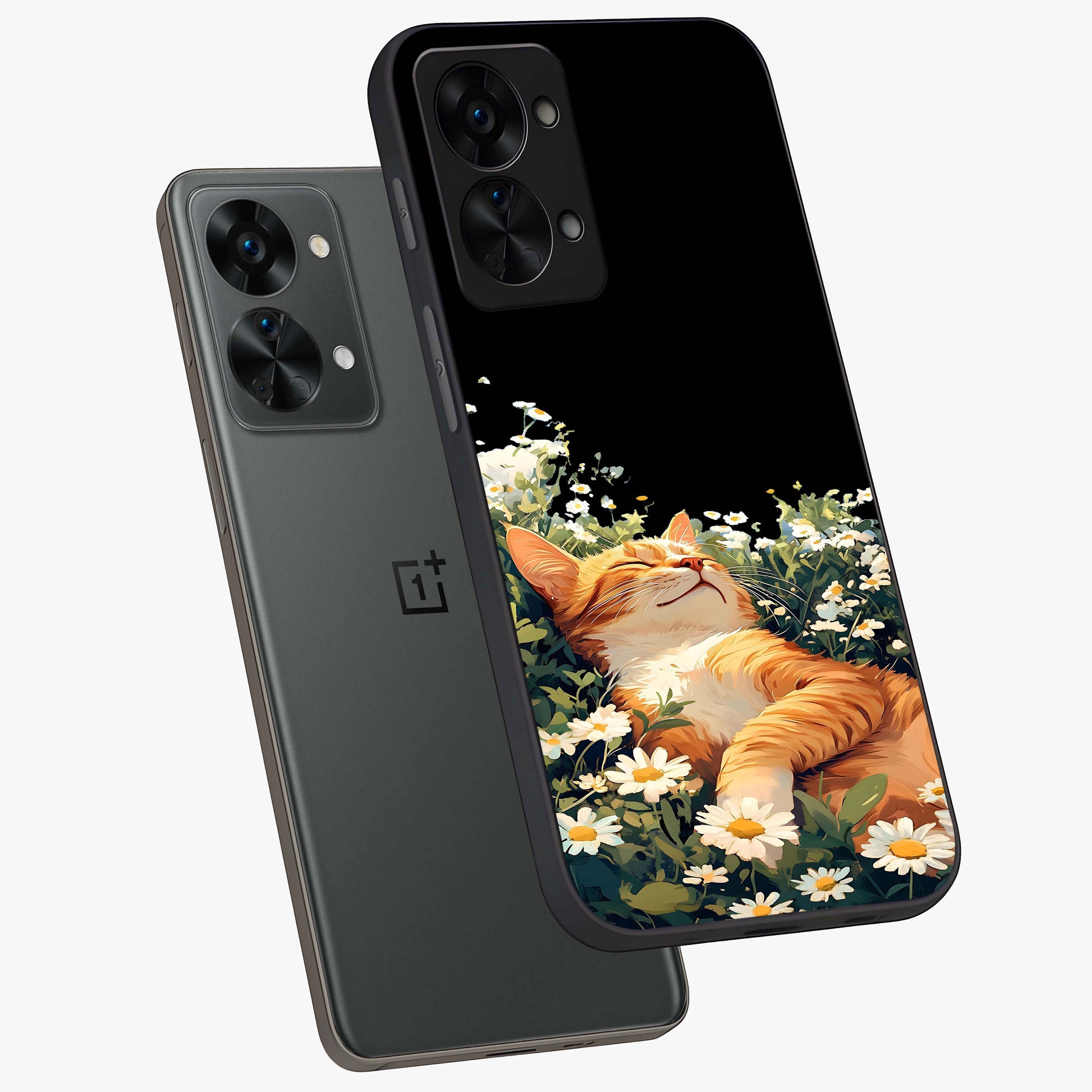 Blissful Bloom Cat Glass Case for 1+Nord 2T angled mockup showcasing glossy glass finish and vibrant bloom detailing