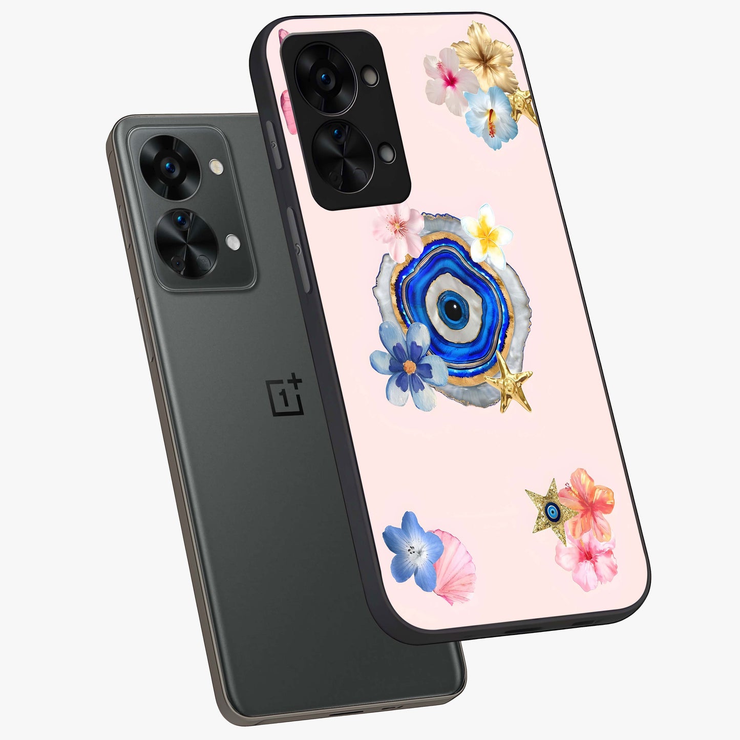 Blossom Evil Charm Glass Case for 1+Nord 2T angled mockup showcasing glossy finish and protective charm design