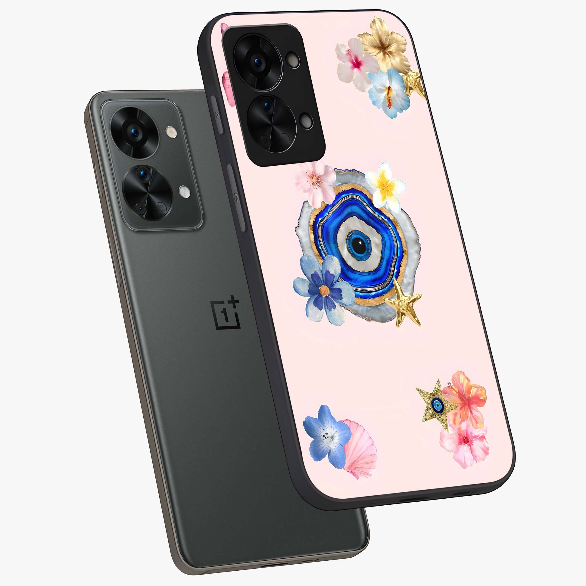 Blossom Evil Charm Glass Case for 1+Nord 2T angled mockup showcasing glossy finish and protective charm design