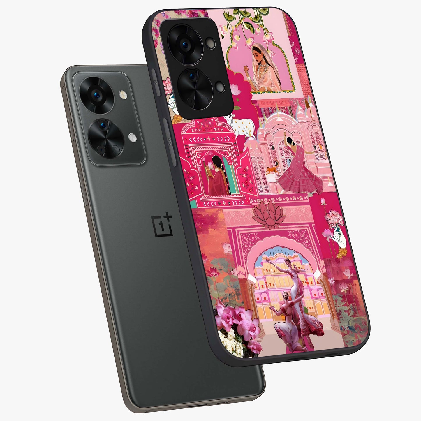 Blossoms of Rajasthan Glass Case for 1+Nord 2T angled mockup showcasing glossy finish and rich cultural patterns