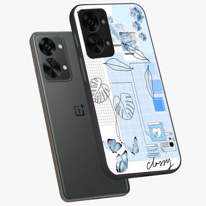 Blue Aesthetic Flower Glass Case for 1+Nord 2T angled mockup showcasing glossy finish and delicate bloom design