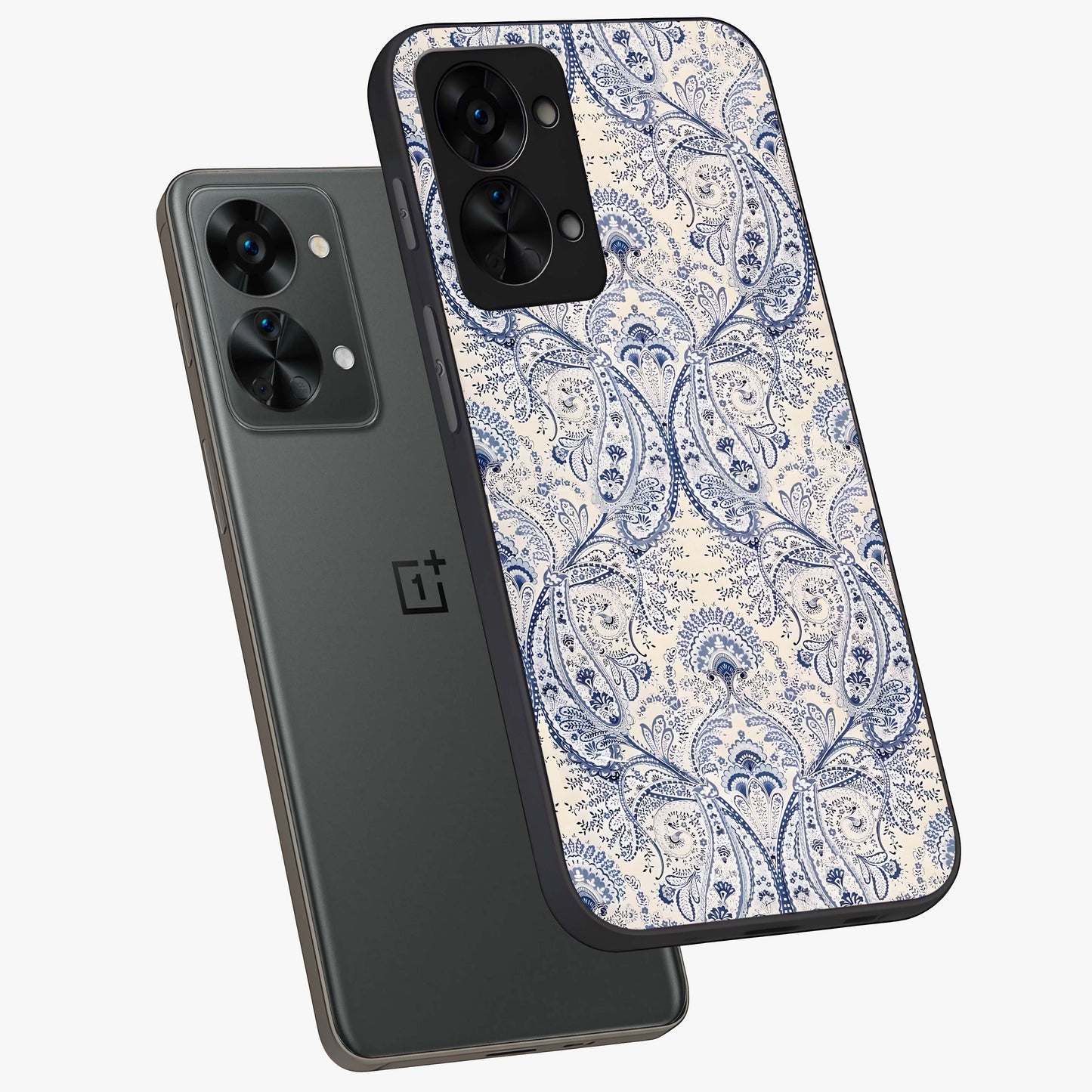 Blue Paisley Bloom Glass Case for 1+Nord 2T angled mockup showcasing glossy finish and detailed ornamental design