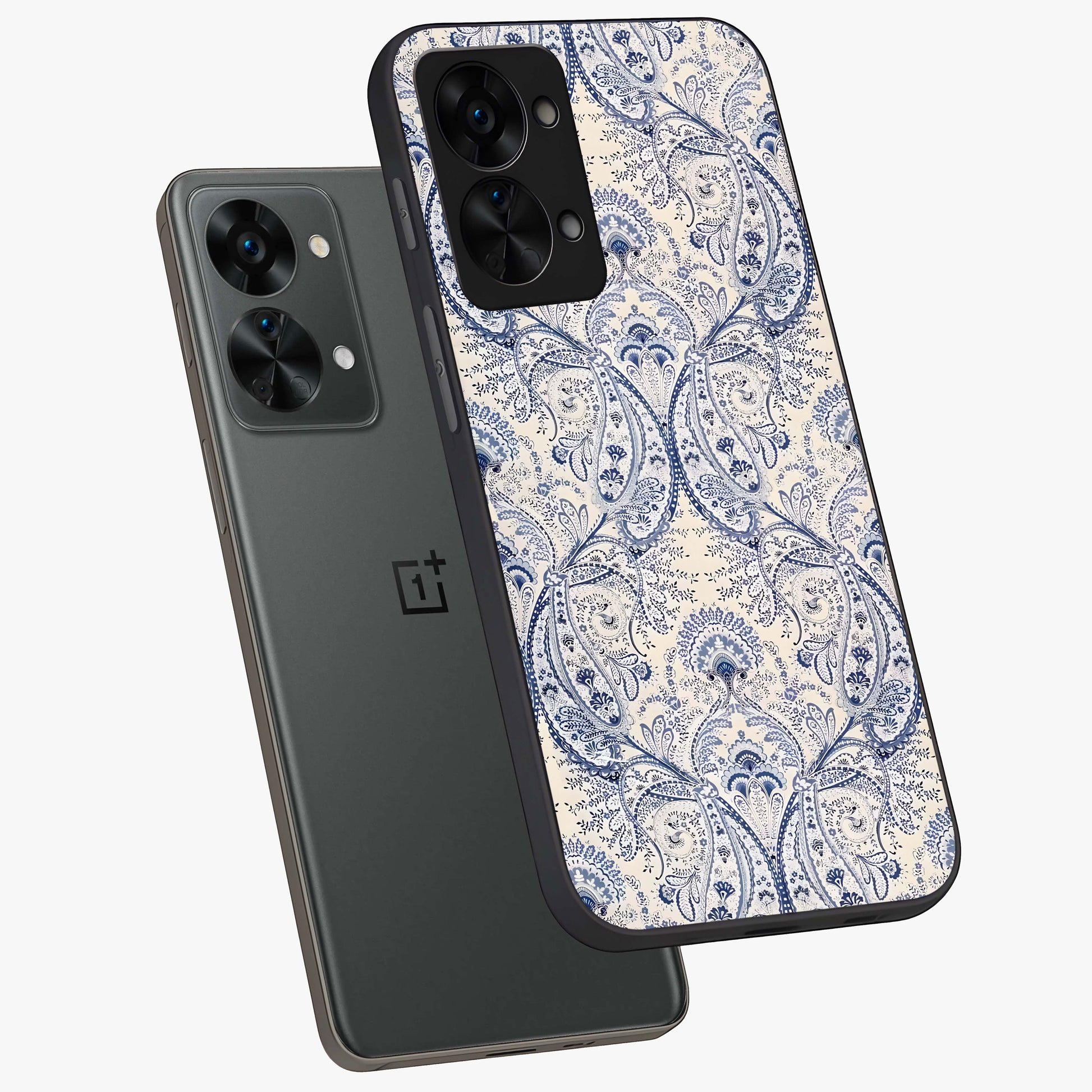 Blue Paisley Bloom Glass Case for 1+Nord 2T angled mockup showcasing glossy finish and detailed ornamental design