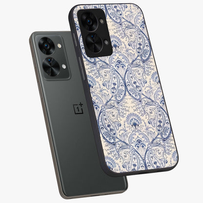 Blue Paisley Bloom Glass Case for 1+Nord 2T angled mockup showcasing glossy finish and detailed ornamental design