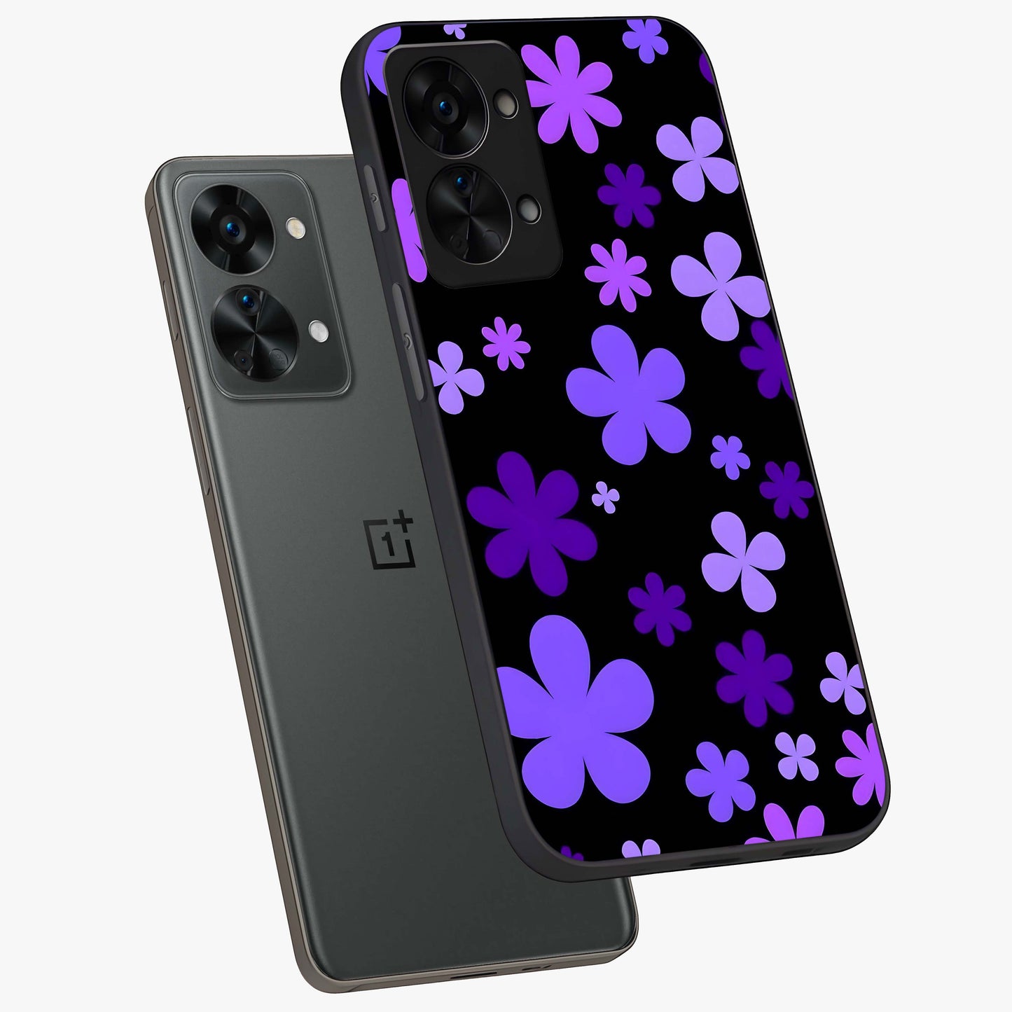 Blue Retro Pop Flowers Glass Case for 1+Nord 2T angled mockup showcasing glossy finish and playful pop flower design