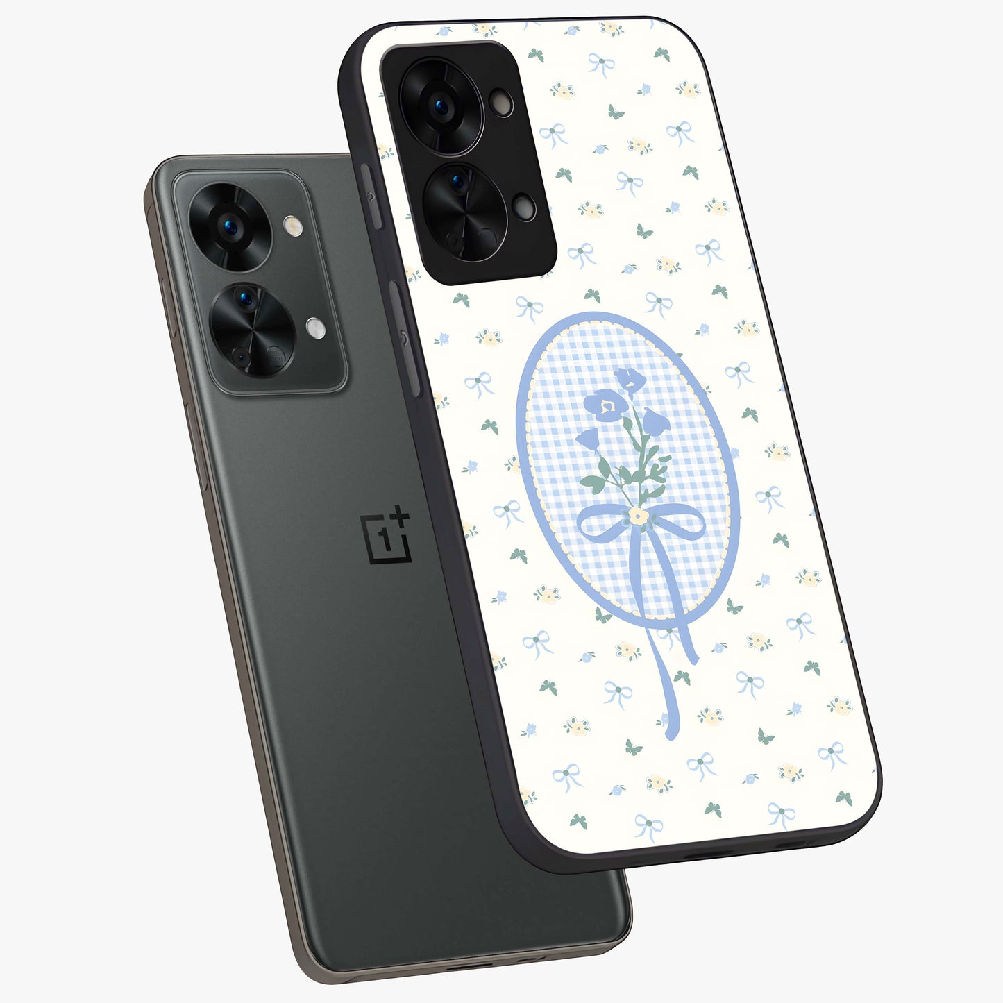 Blue Ribbon Bloom Glass Case for 1+Nord 2T angled mockup showcasing glossy finish and delicate bloom detailing
