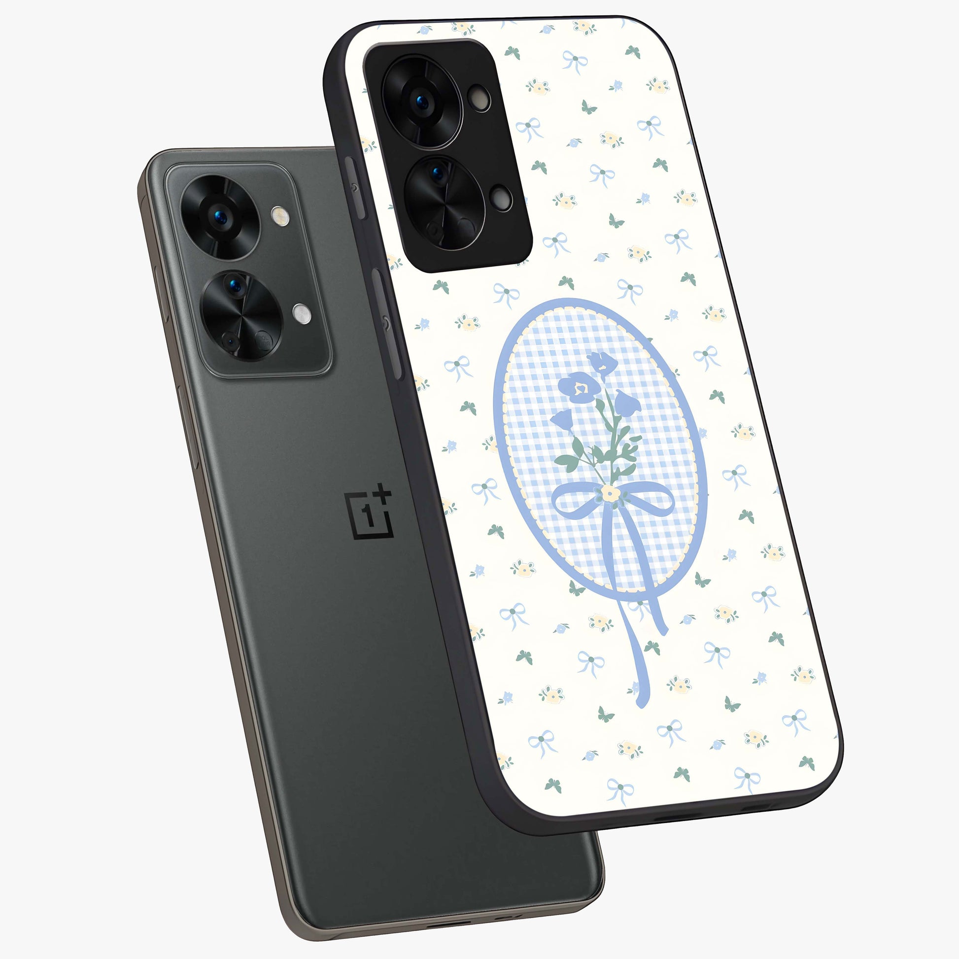 Blue Ribbon Bloom Glass Case for 1+Nord 2T angled mockup showcasing glossy finish and delicate bloom detailing