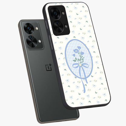 Blue Ribbon Bloom Glass Case for 1+Nord 2T angled mockup showcasing glossy finish and delicate bloom detailing