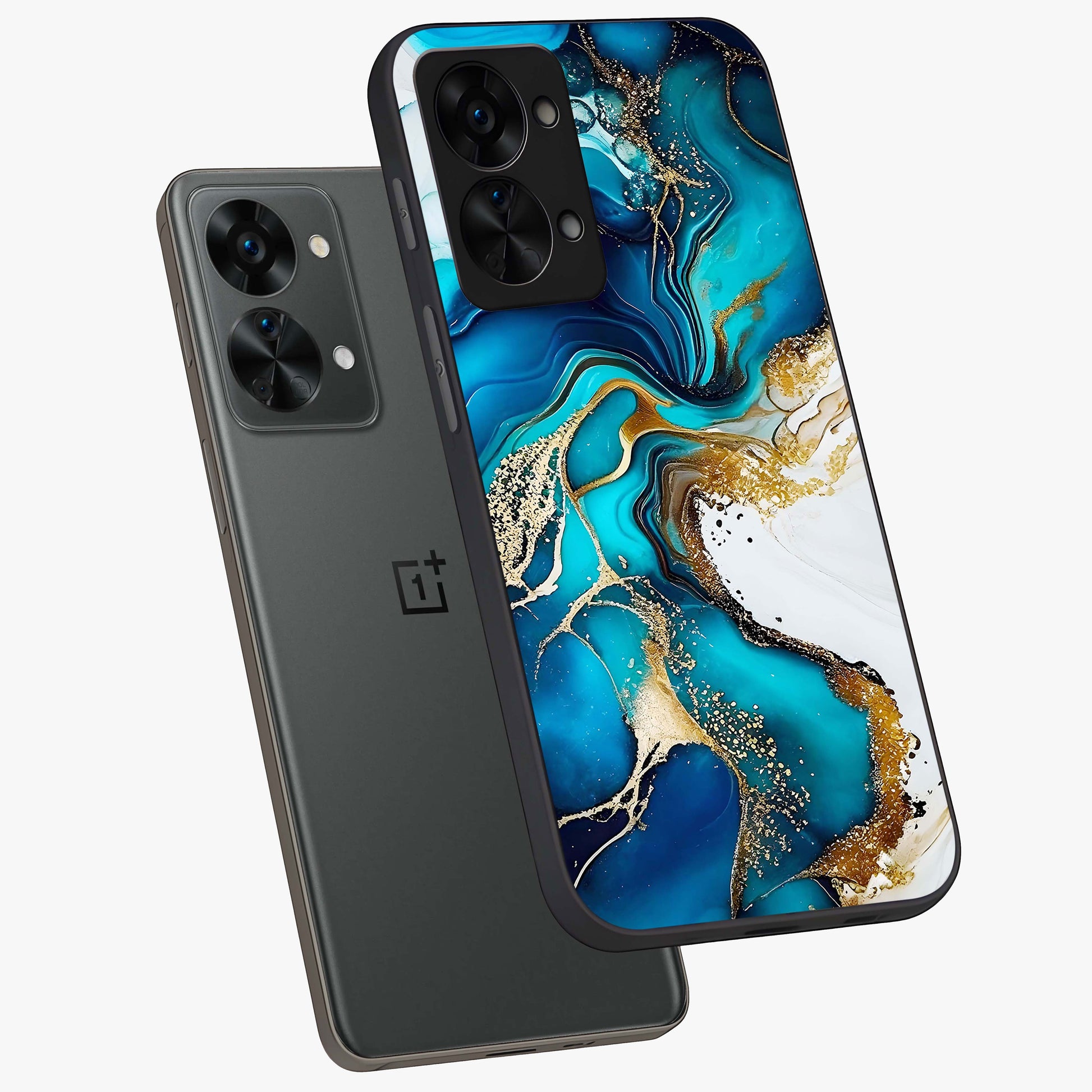 Blue and White Marble With Golden Viens Art Glass Case for 1+Nord 2T angled mockup showcasing glossy finish and premium marble pattern