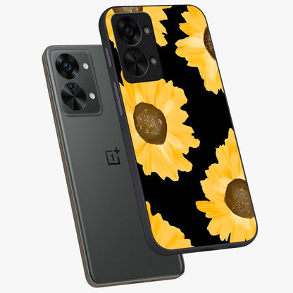 Bold Sunflowers Glow Glass Case for 1+Nord 2T angled mockup showcasing glossy glass finish and bright floral detailing