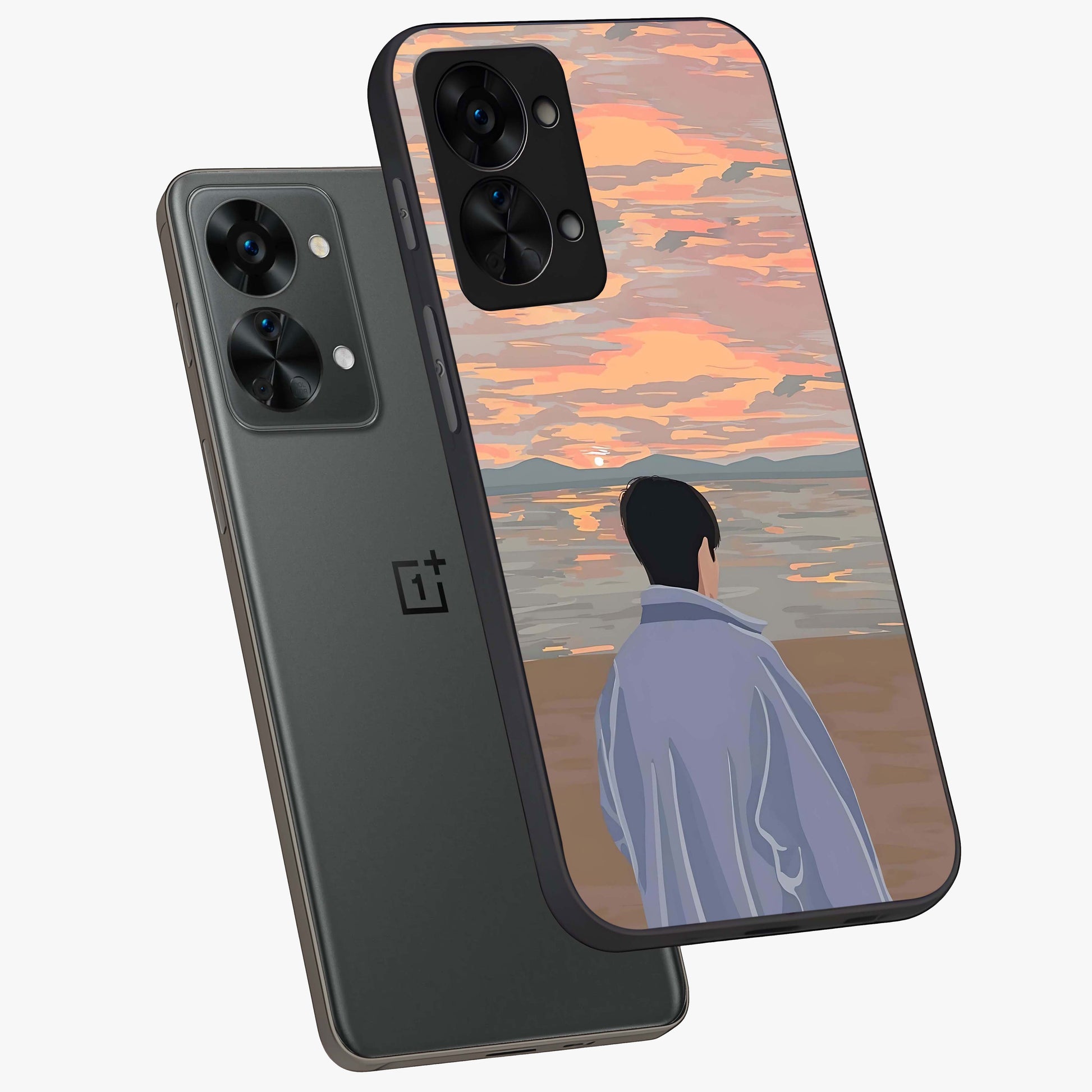 Boy Facing Sunset Beach Glass Case for 1+Nord 2T angled mockup showcasing glossy finish and warm beach tones