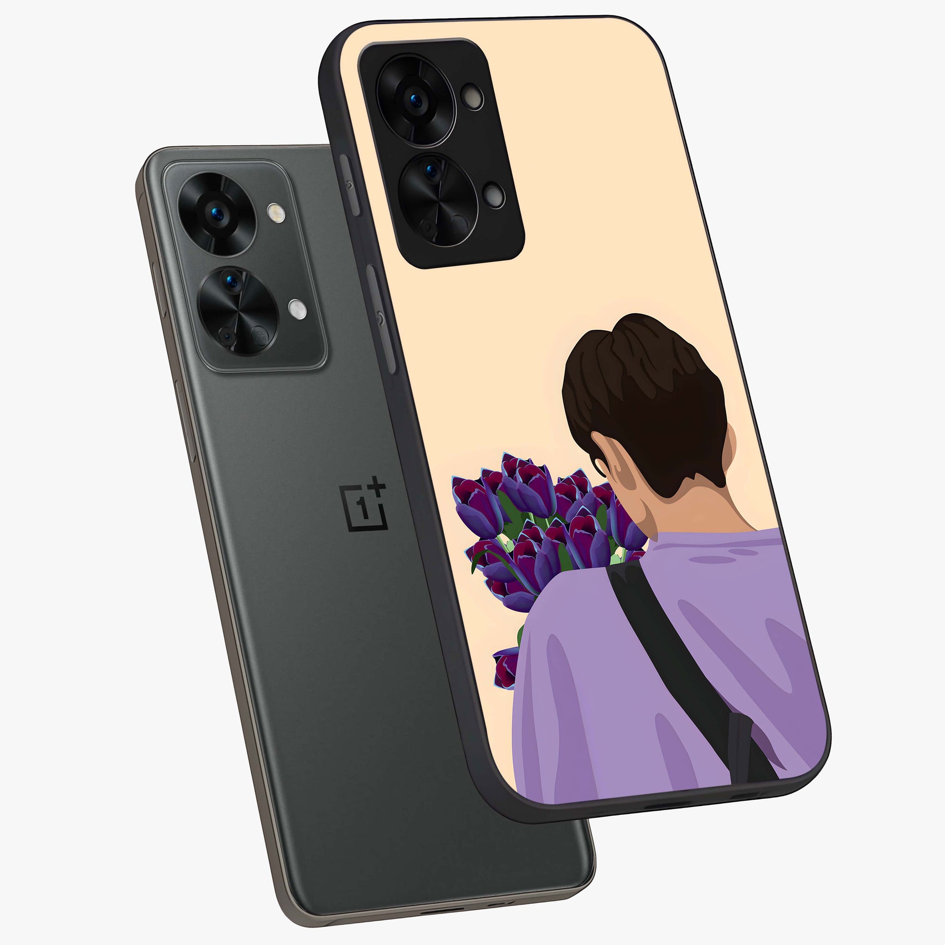 Boy Holding Flowers Glass Case for 1+Nord 2T angled mockup showcasing glossy finish and gentle pastel artwork