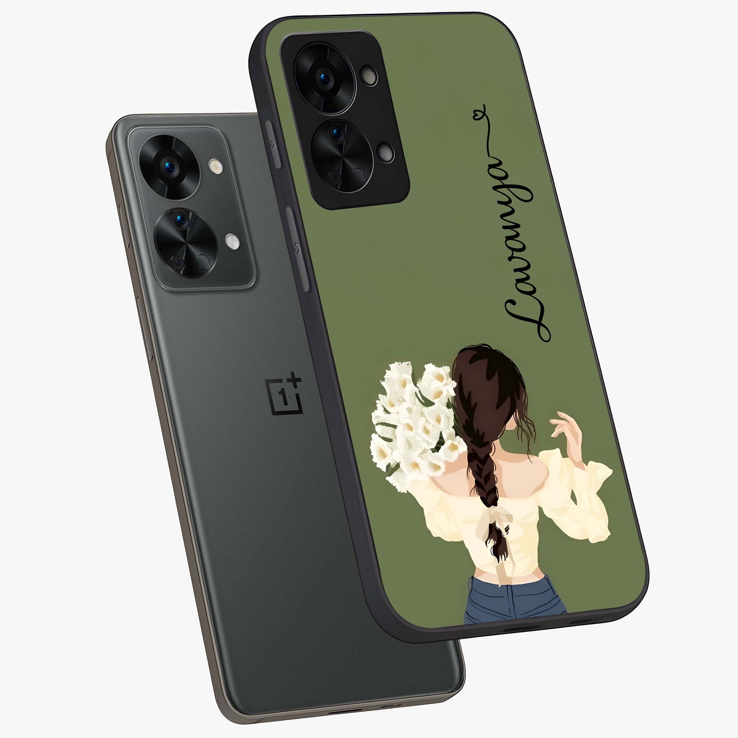 Braided Spring Beauty With Custom Name Glass Case for 1+Nord 2T angled mockup showcasing glossy finish and spring inspired detailing