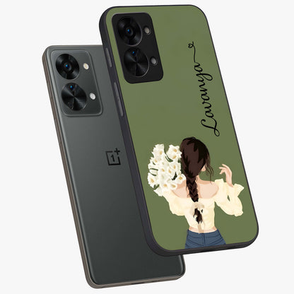 Braided Spring Beauty With Custom Name Glass Case for 1+Nord 2T angled mockup showcasing glossy finish and spring inspired detailing