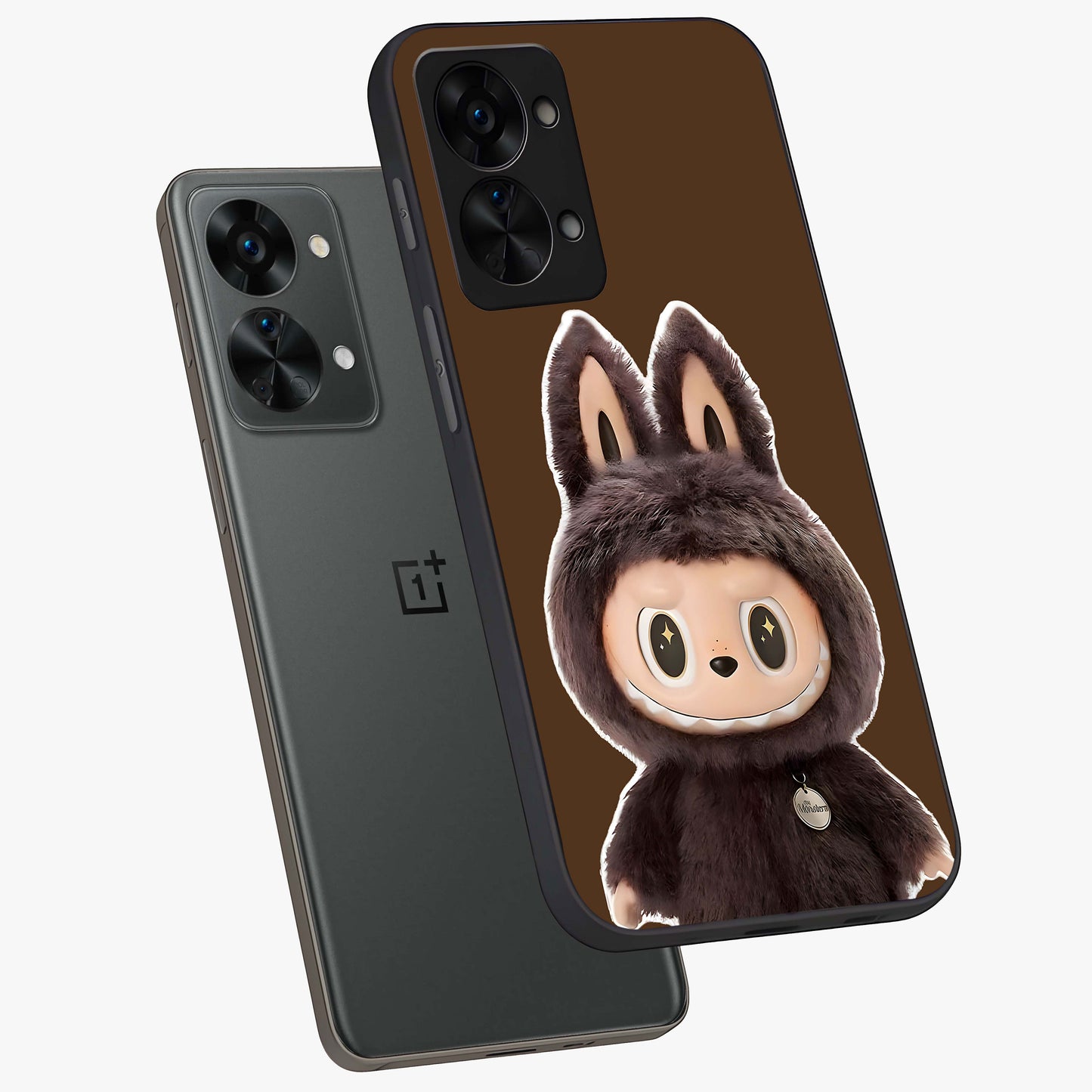 Brown Labubu Design Glass Case for 1+Nord 2T angled mockup showcasing glossy finish and detailed cartoon illustration