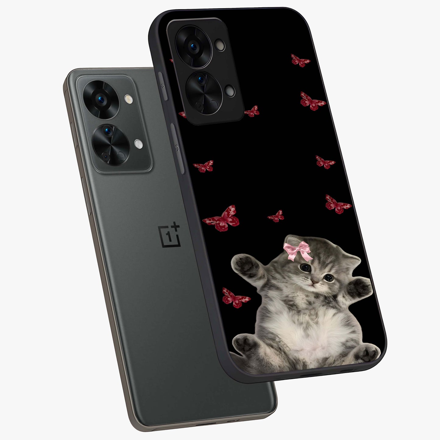 Butterfly Cat Bliss Glass Case for 1+Nord 2T angled mockup showcasing glossy finish and soft pastel tones