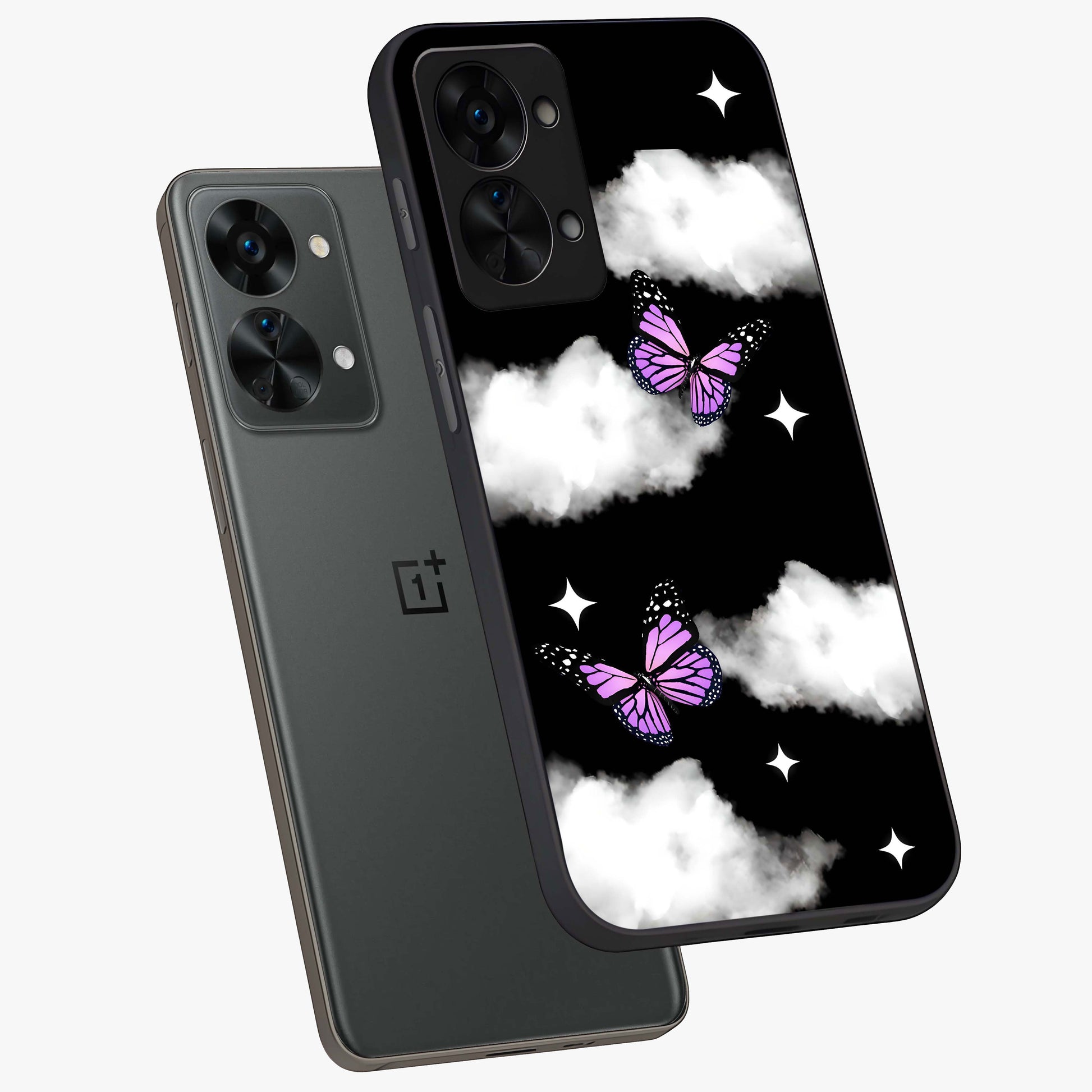 Butterfly Night Drift Glass Case for 1+Nord 2T angled mockup showcasing glossy finish and deep midnight gradients