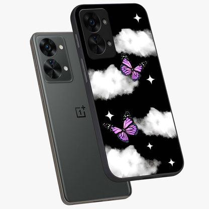 Butterfly Night Drift Glass Case for 1+Nord 2T angled mockup showcasing glossy finish and deep midnight gradients