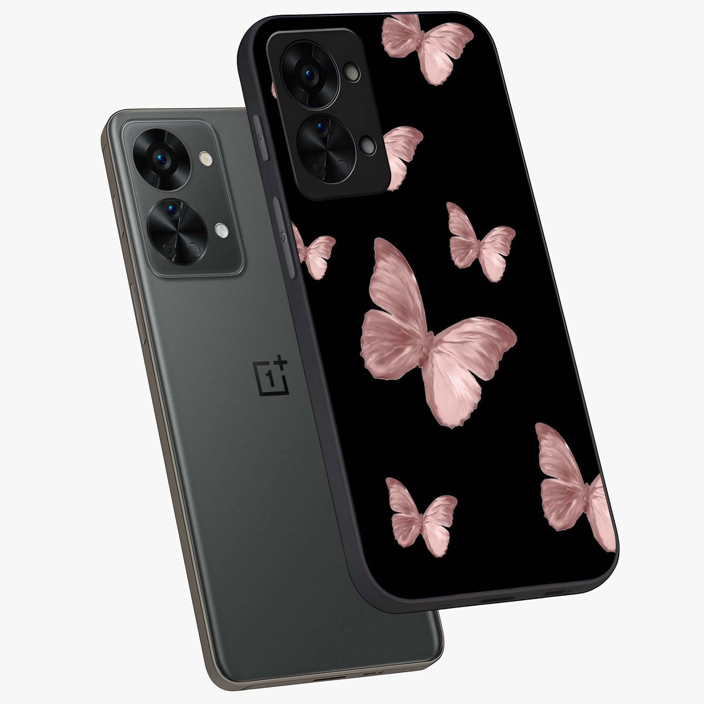 Butterfly Pattern Glass Case for 1+Nord 2T angled mockup showcasing glossy glass finish and delicate wing design