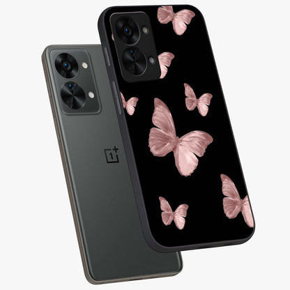 Butterfly Pattern Glass Case for 1+Nord 2T angled mockup showcasing glossy glass finish and delicate wing design