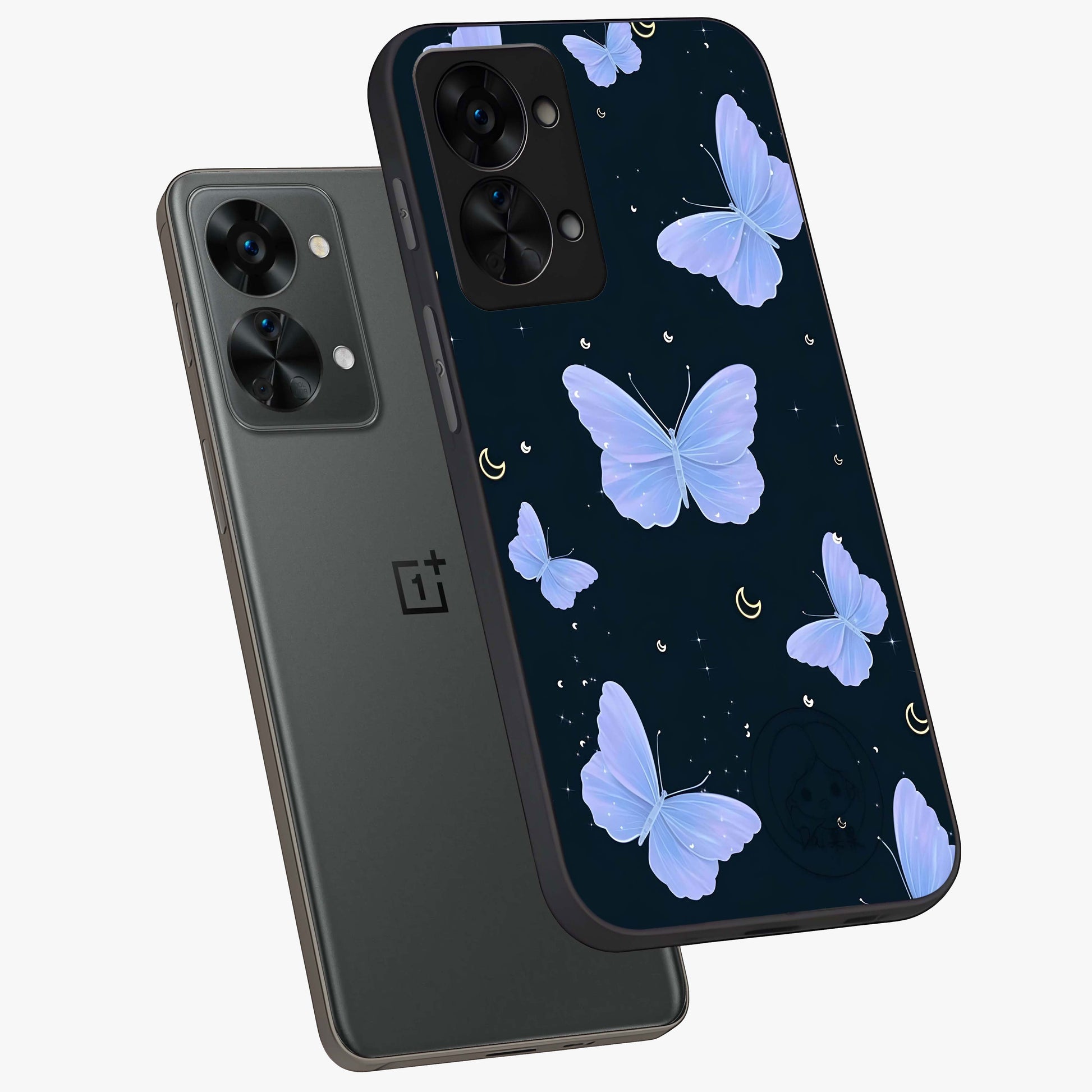 Butterfly With Stars Pattern Glass Case for 1+Nord 2T angled mockup showcasing glossy finish and celestial inspired design