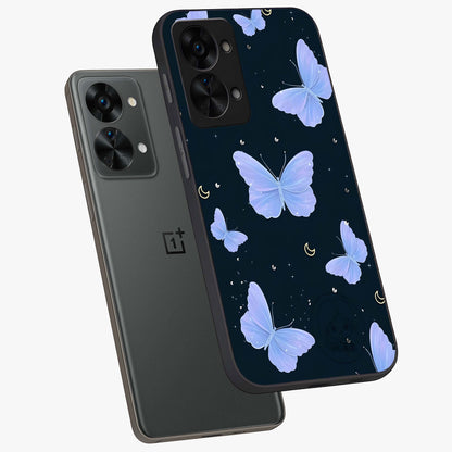 Butterfly With Stars Pattern Glass Case for 1+Nord 2T angled mockup showcasing glossy finish and celestial inspired design