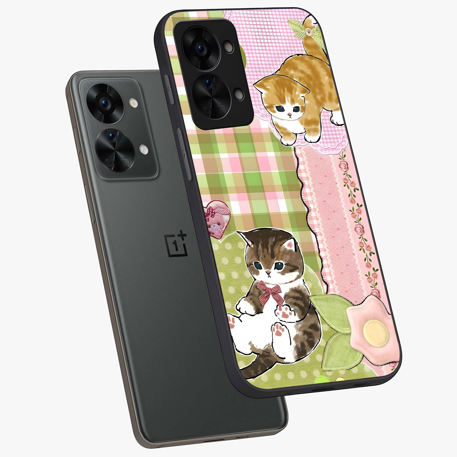 Cats Sweet Button Glass Case for 1+Nord 2T angled mockup showcasing glossy finish and charming character design