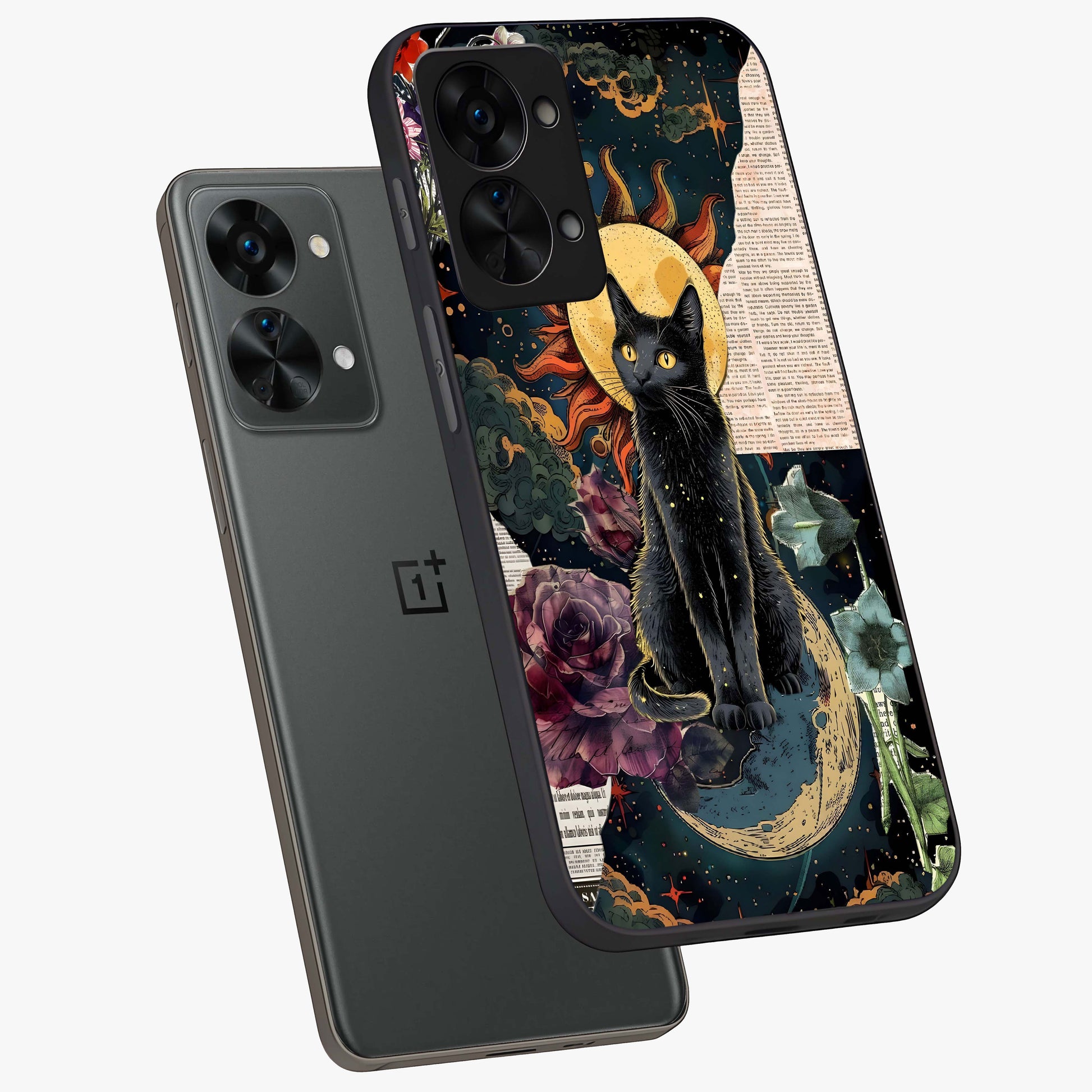 Celestial Black Cat Glass Case for 1+Nord 2T angled mockup showcasing glossy finish and celestial glow detailing