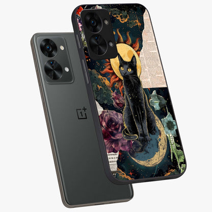 Celestial Black Cat Glass Case for 1+Nord 2T angled mockup showcasing glossy finish and celestial glow detailing