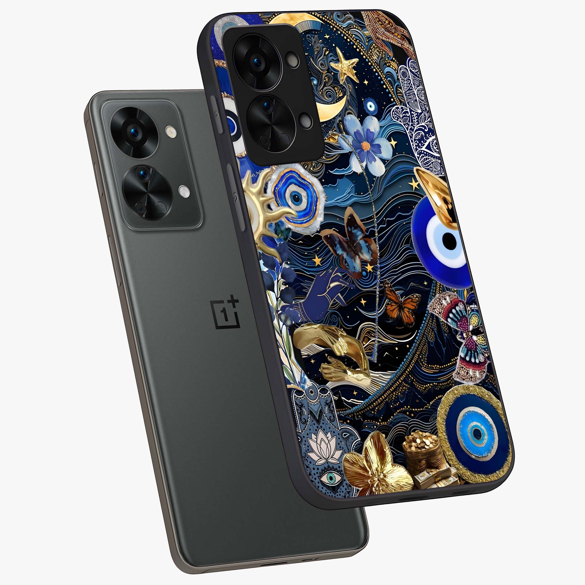 Celestial Blessing Shield Glass Case for 1+Nord 2T angled mockup showcasing glossy finish and divine design elements