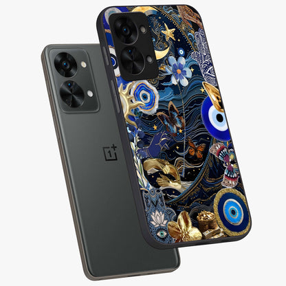 Celestial Blessing Shield Glass Case for 1+Nord 2T angled mockup showcasing glossy finish and divine design elements
