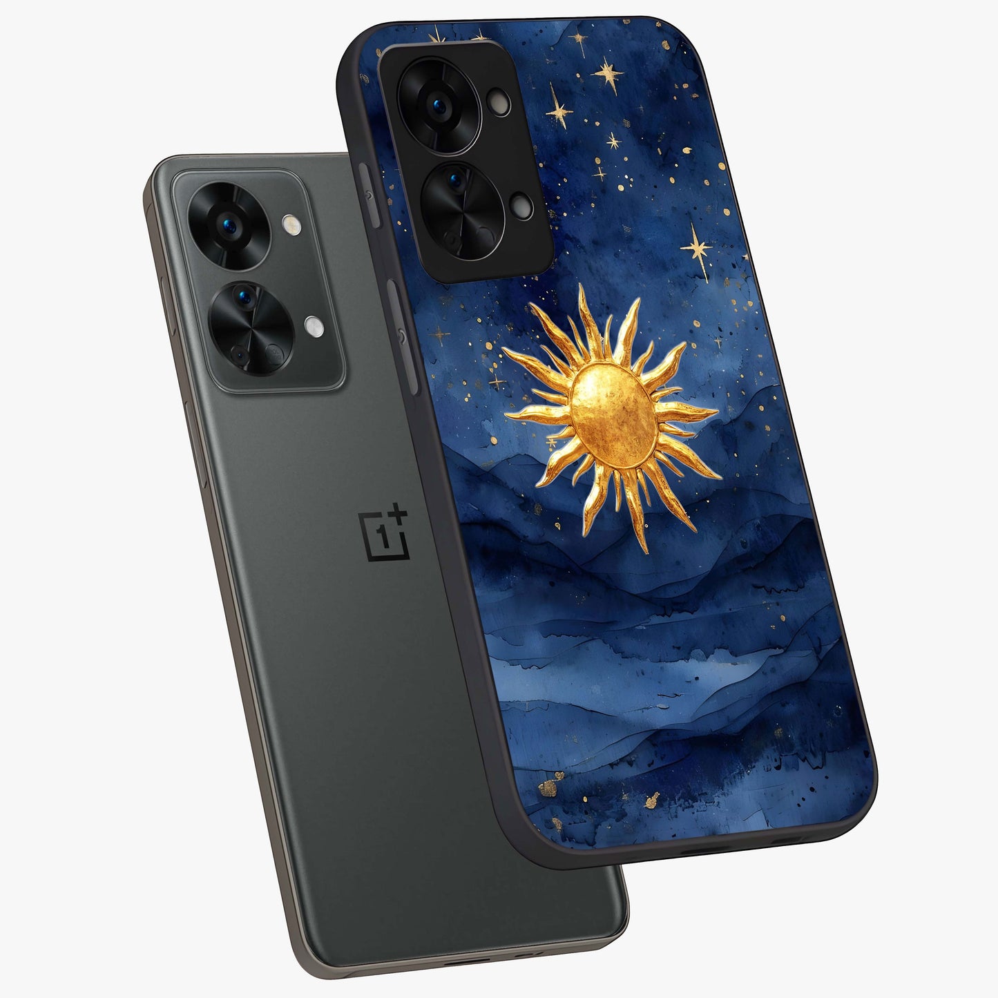 Celestial Blue Glow Glass Case for 1+Nord 2T angled mockup showcasing glossy finish and luminous celestial tones