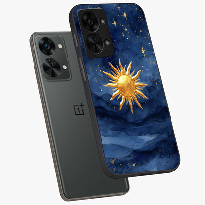 Celestial Blue Glow Glass Case for 1+Nord 2T angled mockup showcasing glossy finish and luminous celestial tones