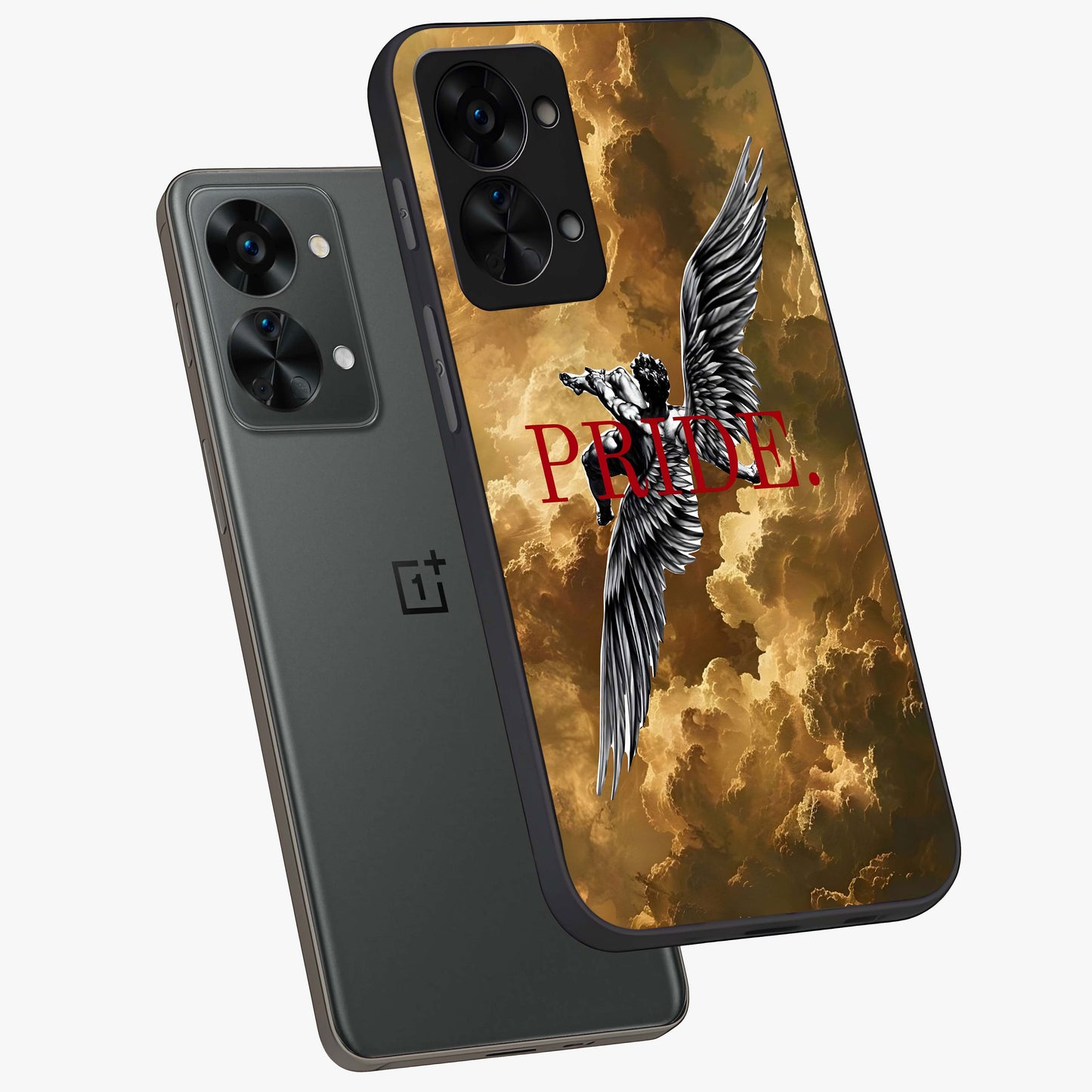 Celestial Fallen Pride Glass Case for 1+Nord 2T angled mockup showcasing glossy glass finish and intense night sky detailing