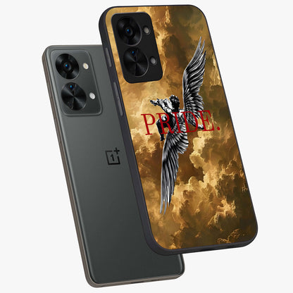 Celestial Fallen Pride Glass Case for 1+Nord 2T angled mockup showcasing glossy glass finish and intense night sky detailing