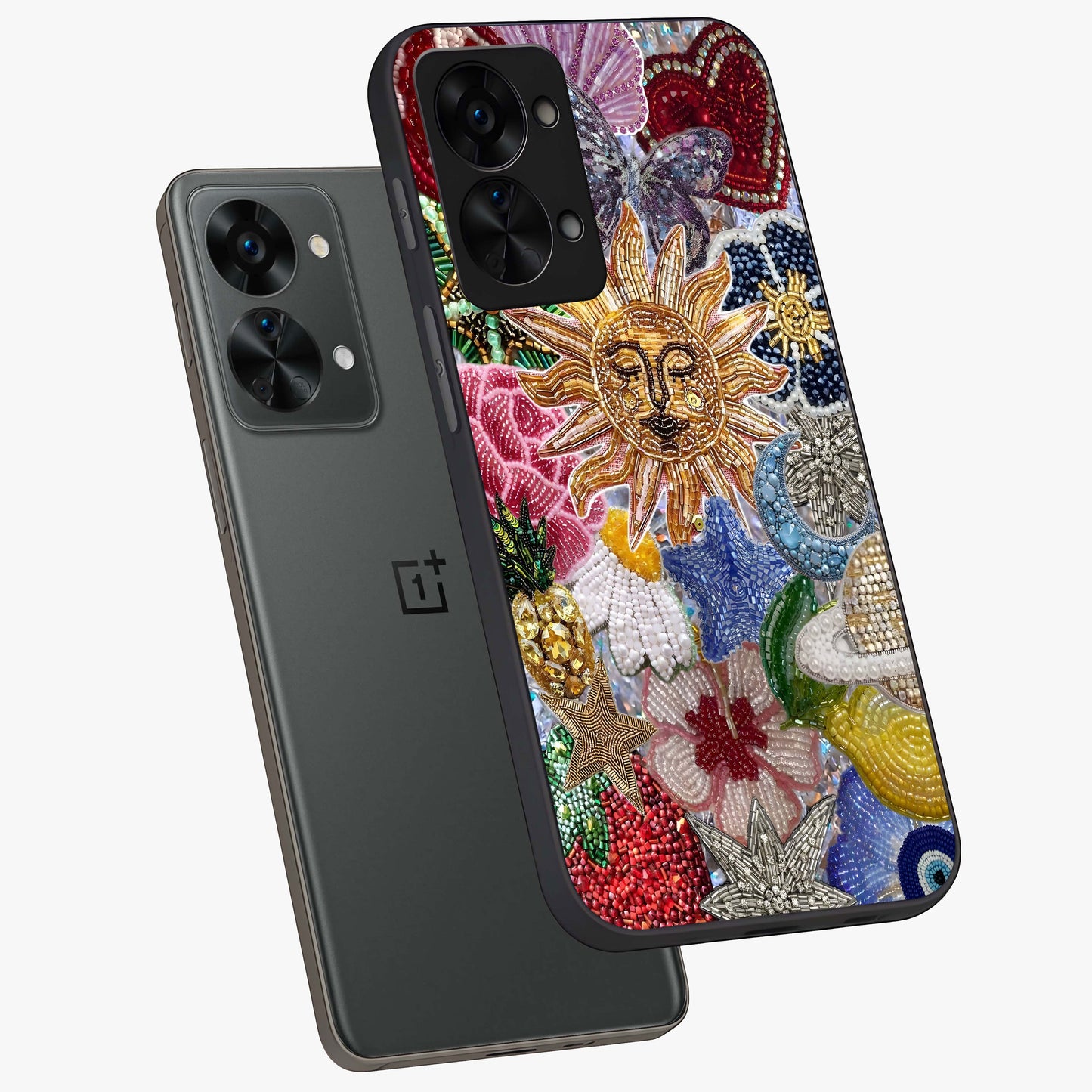 Celestial Floral and Playful Glass Case for 1+Nord 2T angled mockup showcasing glossy finish and colorful celestial detailing