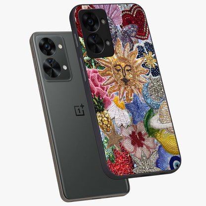 Celestial Floral and Playful Glass Case for 1+Nord 2T angled mockup showcasing glossy finish and colorful celestial detailing
